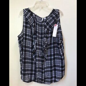 Elle NEW Check Cascade Ruffle Blouse Top Lightweight Shirt Sheer Flowy Crew L